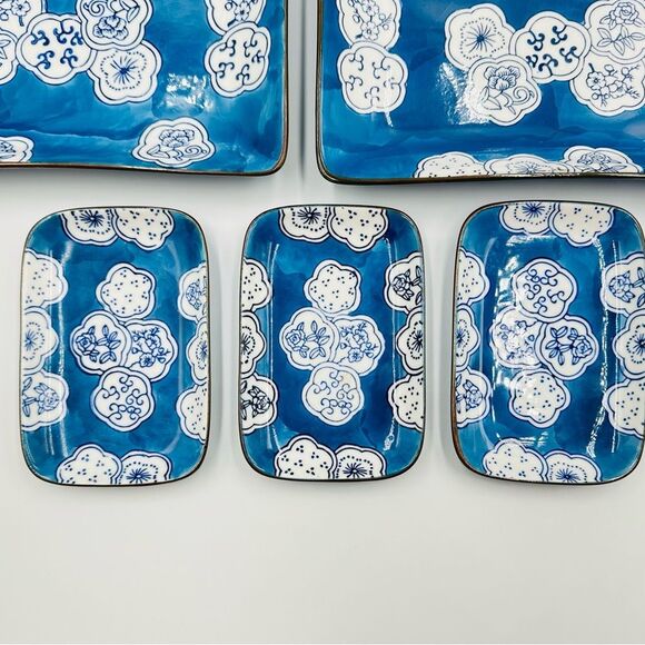 Chinese Floral Blue & White Porcelain Hand Painted Sushi Plates 4 Large 3 Small - Picture 3 of 16